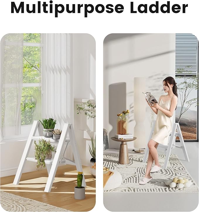 Step Stool, 2 Step Ladder with Anti-Slip and Wide Pedal, Portable Iron Foldable Stepladder for Home and Kitchen, 300lbs - White