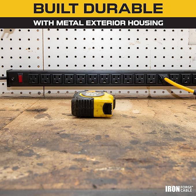 Iron Forge Cable 24 Outlet Heavy Duty Surge Protector Power Strip with Built-in Circuit Breaker, 14/3 SJT Black & Yellow with 9 ft Extension Cord
