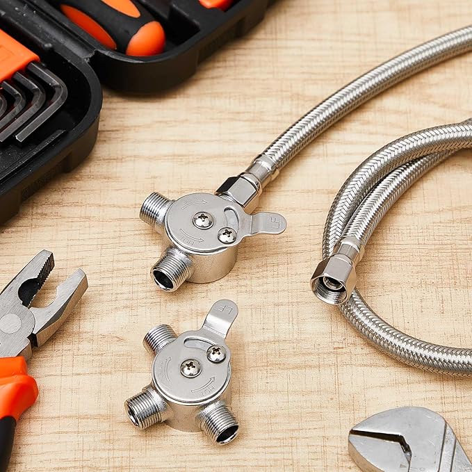 4 Pcs 3/8" Manual Mixing Valve Hot Cold Water Temperature Mixer Thermostatic Mixing Valve for Home and Bathroom Below Deck to Adjust Water Temperature, 8 Braided Faucet Connector Included