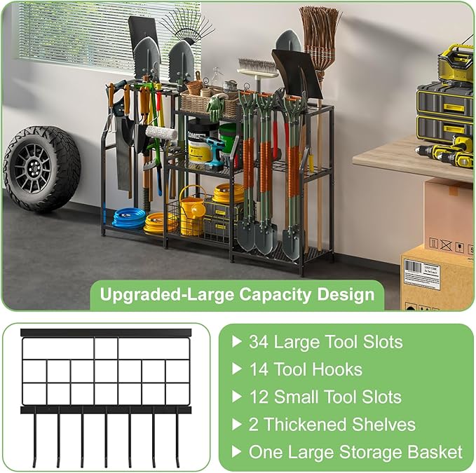 keomaisyto Garden Tool Organizer, Heavy Duty Yard Tool Tower Rack for Garage Organization and Storage, 3 Tier Utility Garden Tool Rack with hooks for Garden/Shed/Garage/Yard/Basement/Lawn