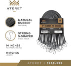 ATERET Rubber Bungee Cords with Hooks I 9 Inch, 14" Max Stretch I Heavy-Duty Black Tie Down Straps for Outdoor, Tarp Covers, Canvas Canopies, Motorcycle, and Cargo, Pack of 10