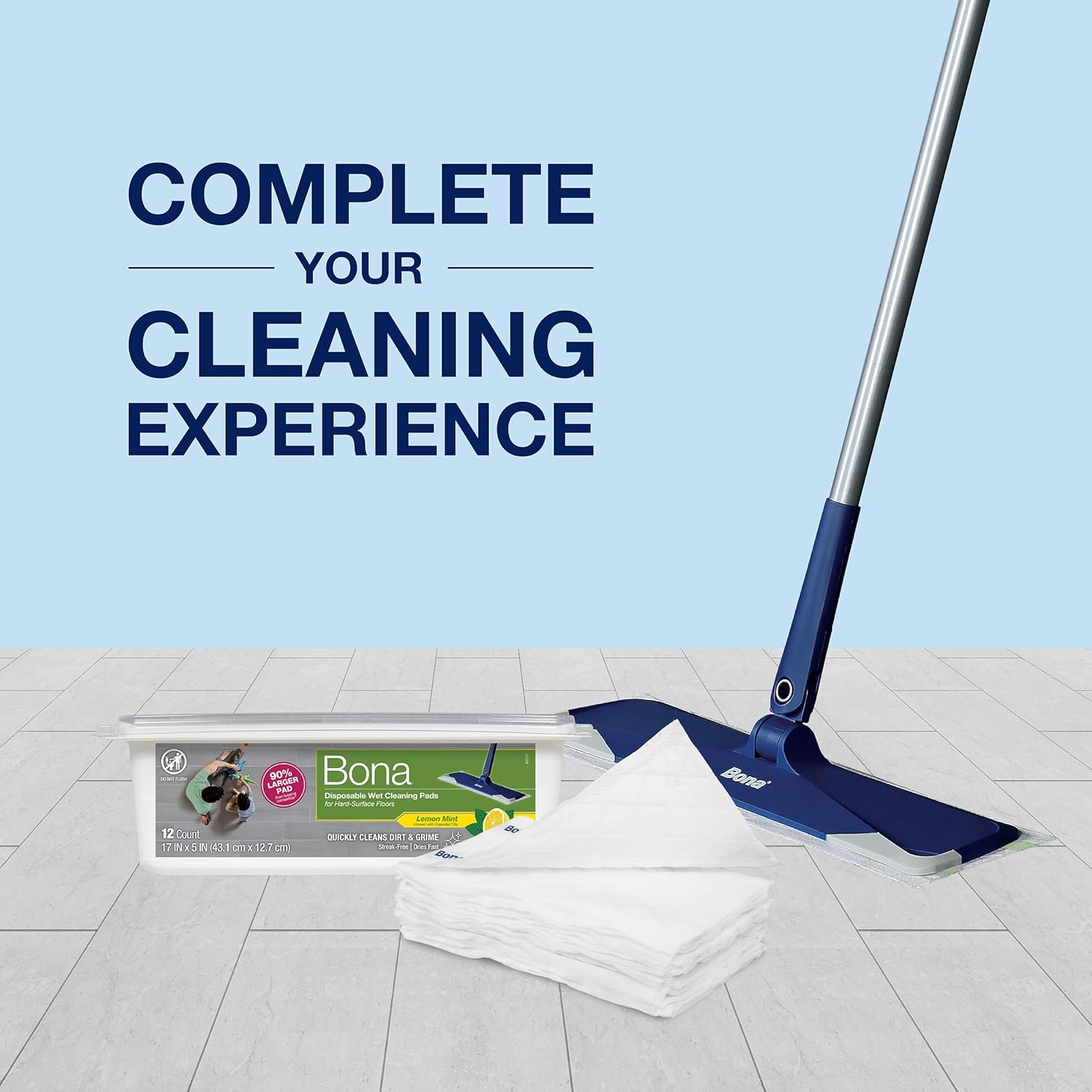 Bona® Disposable Wet Cleaning Pads for Hard-Surface Floors, Lemon Mint Scent 12 Count (Pack of 1)