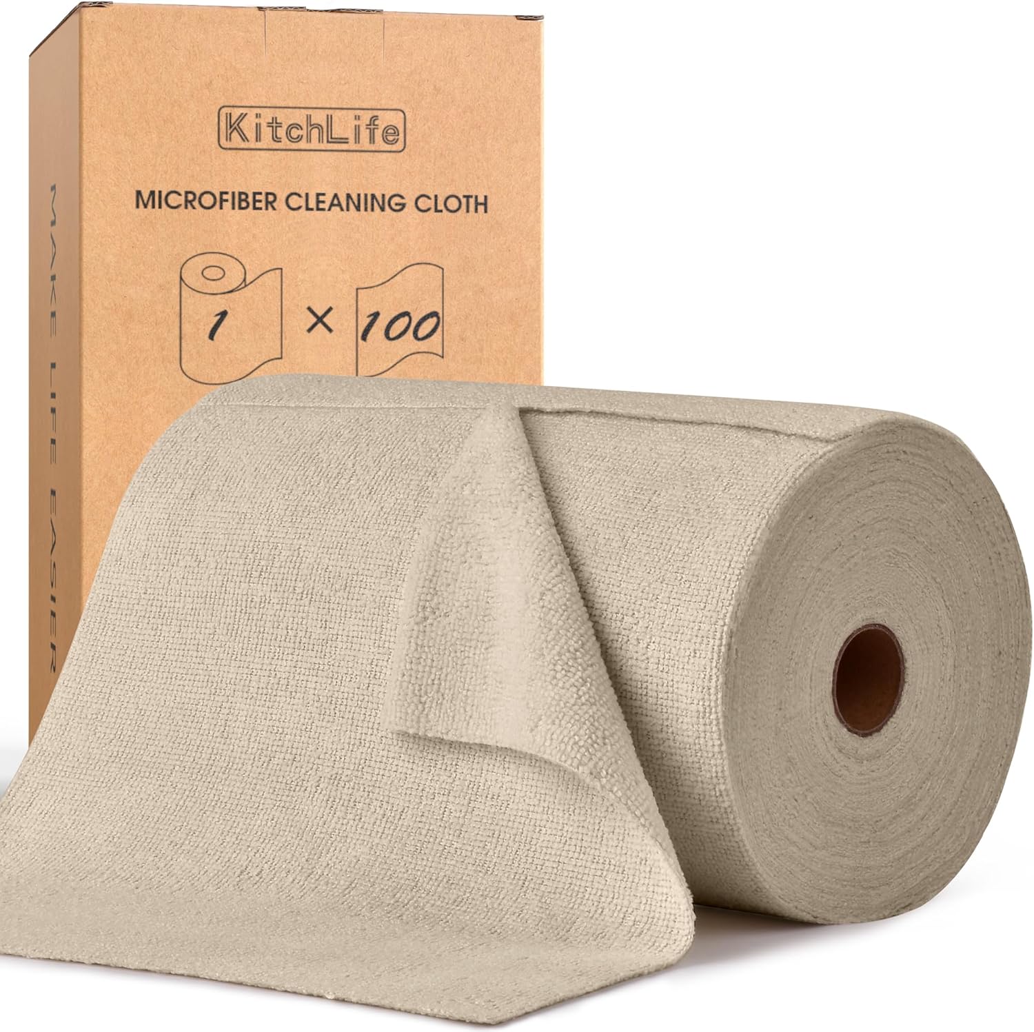 KitchLife Microfiber Cleaning Cloth Roll, 100 Pack - Tear-Away Microfiber Paper Towels, Lint-Free, Reusable, Washable for Kitchen, Car, Dishes, and Sensitive Surfaces (Sand Beige)