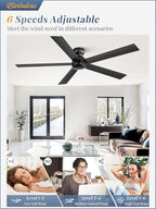 60 Inch Flush Mount Ceiling Fan no Lights, Black Ceiling Fan, 6-Speeds, Quiet Reversible DC Motor, Indoor/Outdoor Large Ceiling Fans without Lights for Living Room, Bedroom,Patio
