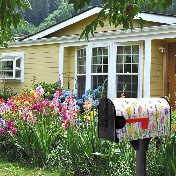 Spring Tulip Floral Mailbox Covers Magnetic Standard Size 18 X 21 Inch Summer Spring Flower Butterfly Mailbox Cover Post Box Cover Wraps for Home Yard Decorations