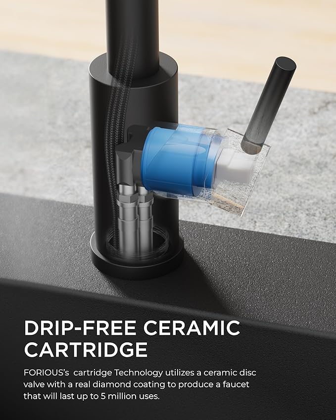 FORIOUS Black Kitchen Faucet with Pull Down Sprayer, Stainless Steel Commercial Single Handle Classic Spring Pull Out Kitchen Sink Faucet for Pot Filler, Farmhouse Camper Bar Laundry Room