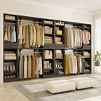 Unikito 10-15FT Closet Systems, Large Wood Walk in Closet Organizer with Hanging Rods and Drawers, Heavy Duty Closets Wardrobe with Shoe Rack, Sturdy Reversible Clothes Closet Kit, Black, Set of 2