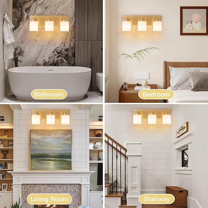 3 Light Modern Bathroom Light Fixtures Over Mirror, Brass Finish Vanity Lights for Bathroom Wall Sconces with Milky White Glass Shades, E26 Socket (Bulbs Not Included)