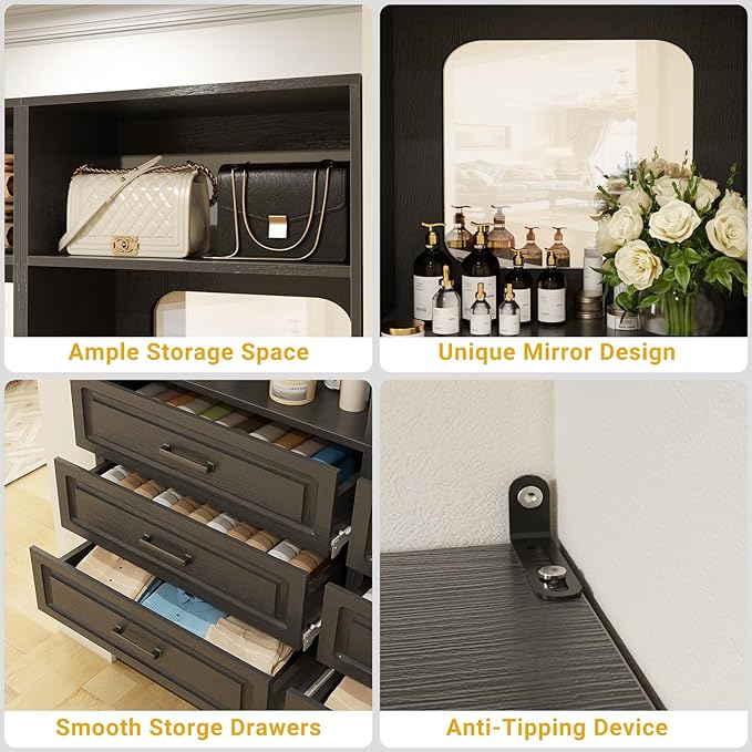 Unikito 50" Freestanding Closet System with 6 Drawers, 4FT Closet Organizer Wardrobe with Storage Shelves and Mirror, Heavy Duty Wood Walk-in Closet Towers for Bedroom, Max Load 1000 LBS, Black
