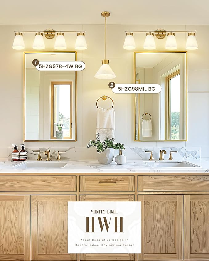 Bathroom Light Fixtures Brushed Gold, HWH 4 Light Vanity Lights Over Mirror, Modern Wall Lamp Bathroom Lighting with Frosted White Striped Glass, 5HZG97B-4W BG
