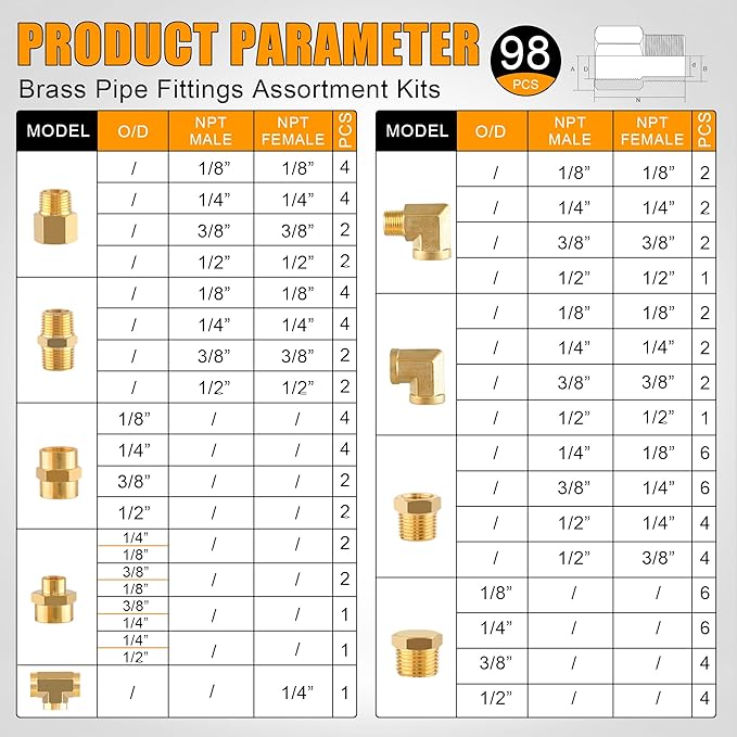 98PCS Brass Pipe Fittings Assortment Kit NPT Adapter,Reducer Bushing, Hex Nipple, Reducing Hex Coupling,Hex Head Plugs,90 Degree Street Elbow,Street Tee Fittings Kits
