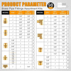 98PCS Brass Pipe Fittings Assortment Kit NPT Adapter,Reducer Bushing, Hex Nipple, Reducing Hex Coupling,Hex Head Plugs,90 Degree Street Elbow,Street Tee Fittings Kits
