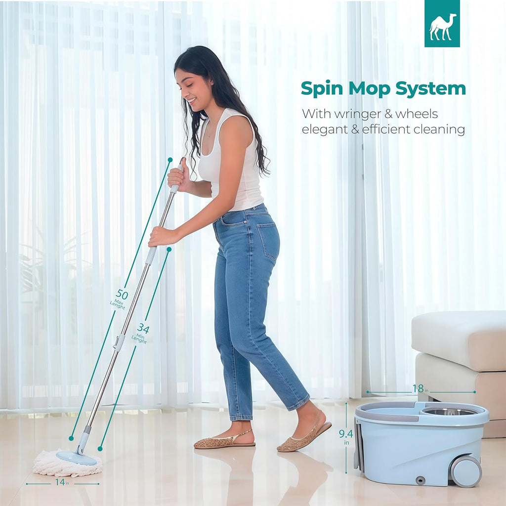 Spin Mop and Bucket Set Cleaning System Wringer 360 Microfiber Mop with Stainless Steel Handle Self Wringing Bucket with Wheels and Drain for Tile Hardwood Laminate Floors Includes 2 Mop Head Refills