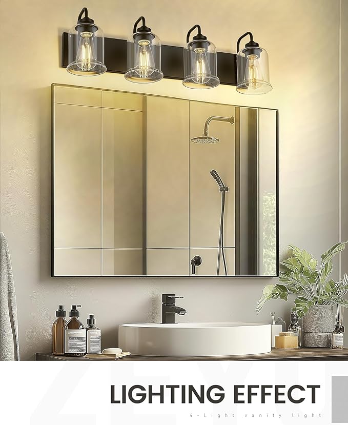zeyu Modern Bathroom Light Fixtures, 4 Light Vanity Lighting, 28.5' Bathroom Mirror Wall Light, Matte Black Finish with Clear Glass Shade, ZSL72B-4W BK