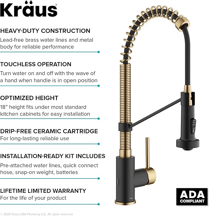 KRAUS Bolden Touchless Sensor Commercial Style 2-Function Single Handle Pull Down Kitchen Faucet in Brushed Brass/Matte Black, KSF-1610BBMB