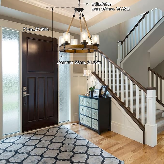 Rustic 6 Light Wagon Wheel Chandelier, Round Wood Pendant Light with Seeded Glass Shade, Farmhouse Chandeliers for Dining Room Kitchen Island Foyer Entryway
