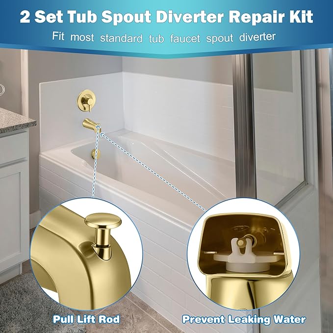 Enhon 2 Set Tub Spout Diverter Repair Kit, Includes 2 x Diverter Valve Stems, 2 x Cup Seals and Gates, Bathroom Shower Bathtub Leaky Faucet Repair Replacement Parts (Polished Brass,Classic)