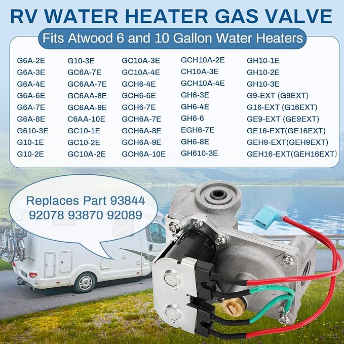 RV Water Heater Gas Valve, 93844 & 92089 RV Gas Hot Water Solenoid Valve Compatible with Atwood 6-10 Gallon Water Heaters, GC10A-4E, GC10A-2E, G6A-4E, GC10A-3E, Replaces Part 93844 92078 93870 92089
