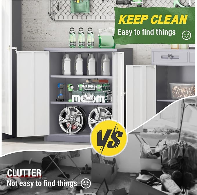Greenvelly Metal Storage Cabinet, 36" Locking Storage Cabinet with Doors and Shelves, Lockable Storage Cabinets for Home Office, Utility Locker Cabinet, Steel Garage Cabinet with 2 Keys, White Grey