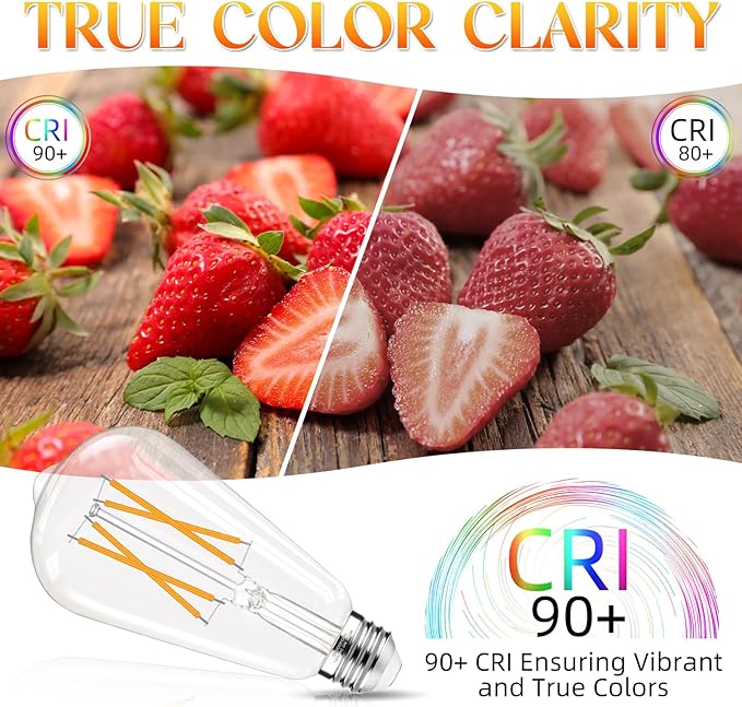 Edison Bulbs, E26 LED Bulb 60 watt Equivalent, Non-Dimmable, 2700K Warm White, ST58 Vintage Light Bulbs, 90+ CRI, E26 Medium Base, Clear Glass, 6 Pack