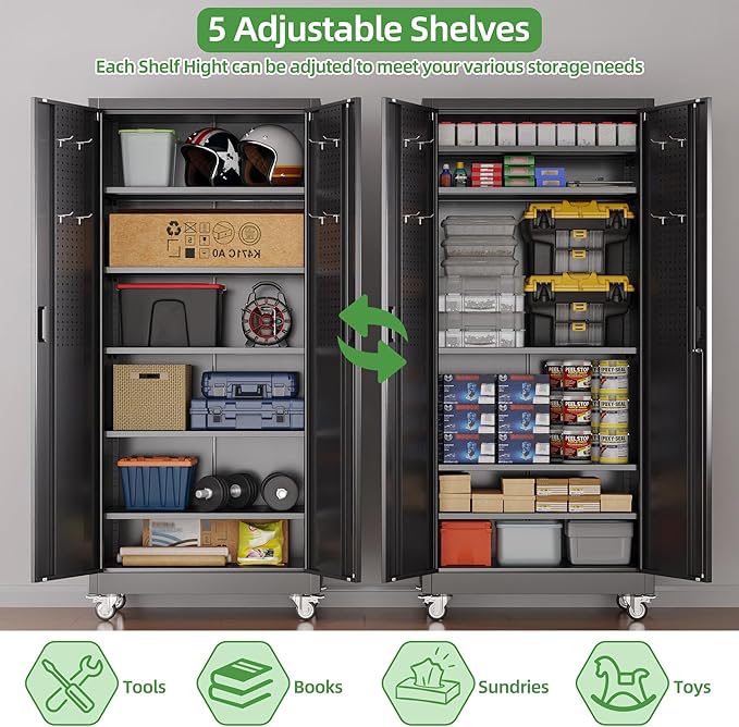 Metal Storage Cabinet with Wheels and Pegboard,71" H x 32" W x 16" D Garage Storage Cabinet with 2 Doors and 5 Adjustable Shelves for Garage, Home, Warehouse, Closet, Assembly Required, Black