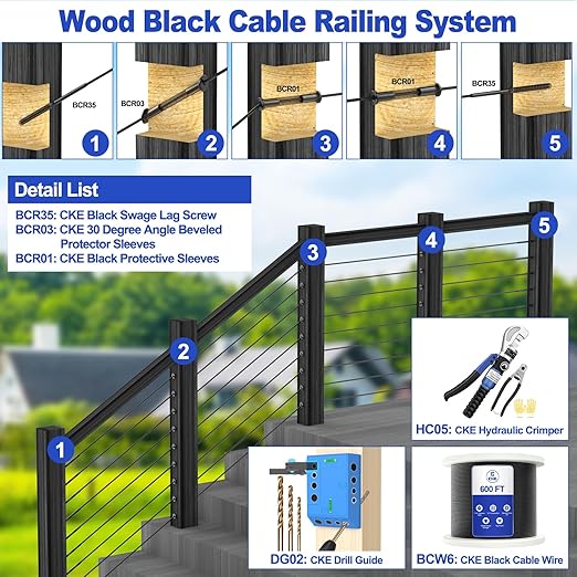 CKE 10 Pairs Black Invisible Cable Railing Kit,1/8" Swage Tensioner Hardware and Terminal Hidden T316 Stainless Steel Invisible Receiver and Swage Stud End for 2"x2" 4"x4" Wood/Metal Post Deck BCR31