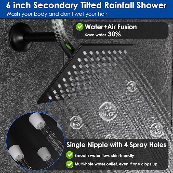Enga 10 Inch + Dual 6-Inch Rain Shower System, Four Modes Diverter Shower Faucet with Handheld, Luxury Rain Mixer Shower Combo Set, Matte Black