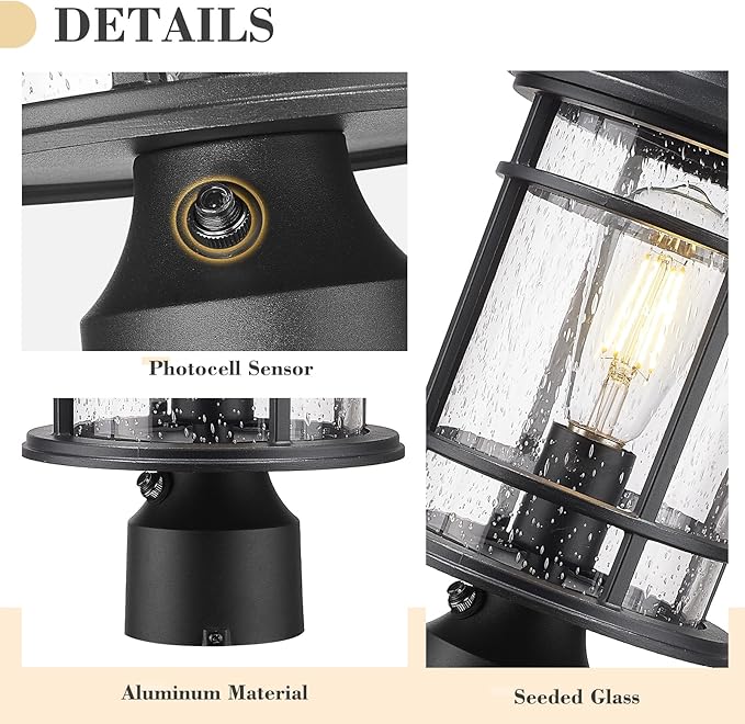 Emliviar 14.9 Inch Dusk to Dawn Outdoor Lamp Post Light, Black Pole Light Fixture with Photocell Sensor, Outdoor Post Lantern with Seeded Glass Shade, XE229P PC BK