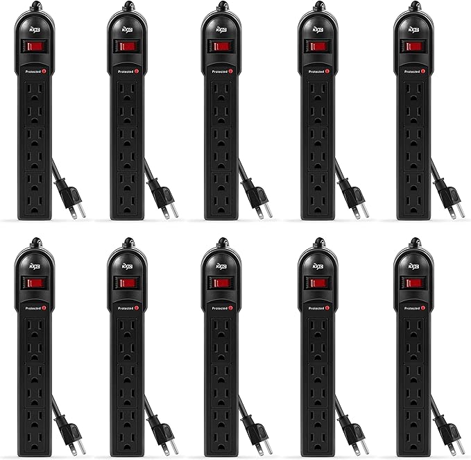 KMC 6-Outlet Surge Protector Power Strip 10-Pack, 735 Joules, Overload Protection, 2-Foot Cord