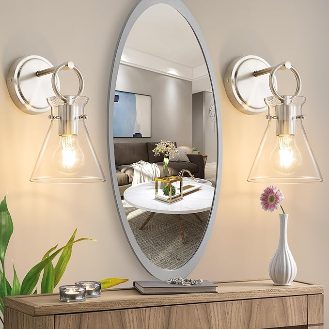 Wall Sconce for Bathroom Modern Vanity Light Fixtures Hardwired Wall Mount Lighting Lamp Farmhouse Wall Lights with 6" Clear Glass Shade for Bedroom Living Room, Brushed Nickel, 1 Pack