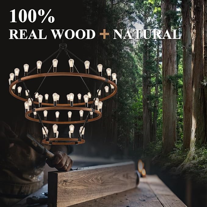 Extra Large 63'' Wooden Wagon Wheel Chandelier Farmhouse 3 Tier 48 Lights Black Rustic Round Wood Pendant Light Fixture for High Ceiling Living Dining Room Foyer Villa Staircases