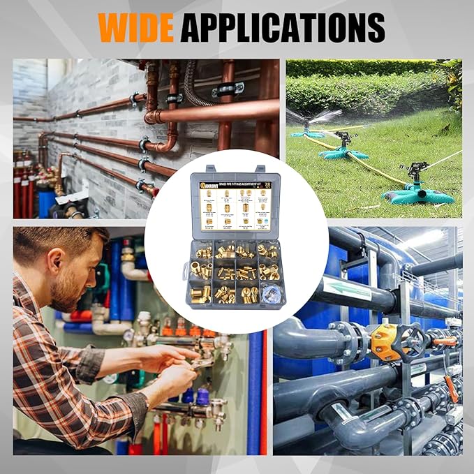 78PCS Brass Pipe Fittings Assortment Kit NPT Adapter, Hex Nipple, Hex Coupling, Reducer Busing, Hex Coupling, Close Nipple, Hex Head Plug Brass Fittings Kits