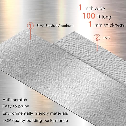 GSCIT Club Silver Edge Banding, 1 Inch x 100ft Aluminum Brushed Edge Banding PVC Edge Trim for Cabinet Repair Furniture