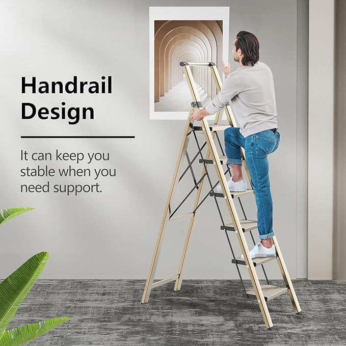GameGem 6 Step Ladder for 12 Feet High Ceiling, Lightweight Aluminum Folding Step Stool with Convenient Handgrip, Stepladders with Anti-Slip and Wide Pedal for Home Use Space Saving - Gold