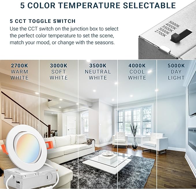 PARMIDA (6 Pack) 4 Inch LED Gimbal 5CCT Recessed Lighting, Directional Adjustable Canless Ceiling Light with J-Box, 2700K-5000K 5 Color Selectable, 9W, Eyeball Ultra-Thin Slim Panel, Dimmable, ETL