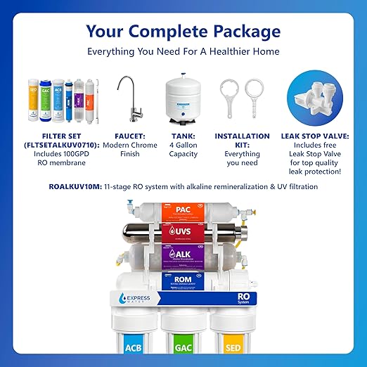 EXPRESS WATER UV Reverse Osmosis Water Filtration System – 11 Stage UV Water Filter with Faucet and Tank – Under Sink Water Filter with Alkaline Filter for added Essential Minerals 100 GDP