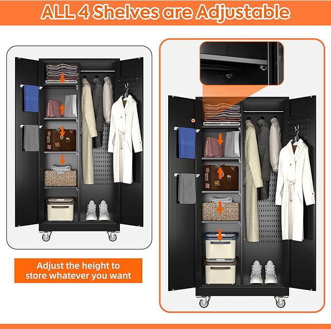 Garage Storage Cabinet with Wheels and 5 Pegboard, Metal Storage Cabinets with 2 Doors and 4 Shelves, Broom Closet Storage Cabinet with Hanging Rod and 13 Hooks, 70.87" Hx33.5 Wx17.7 D, Black