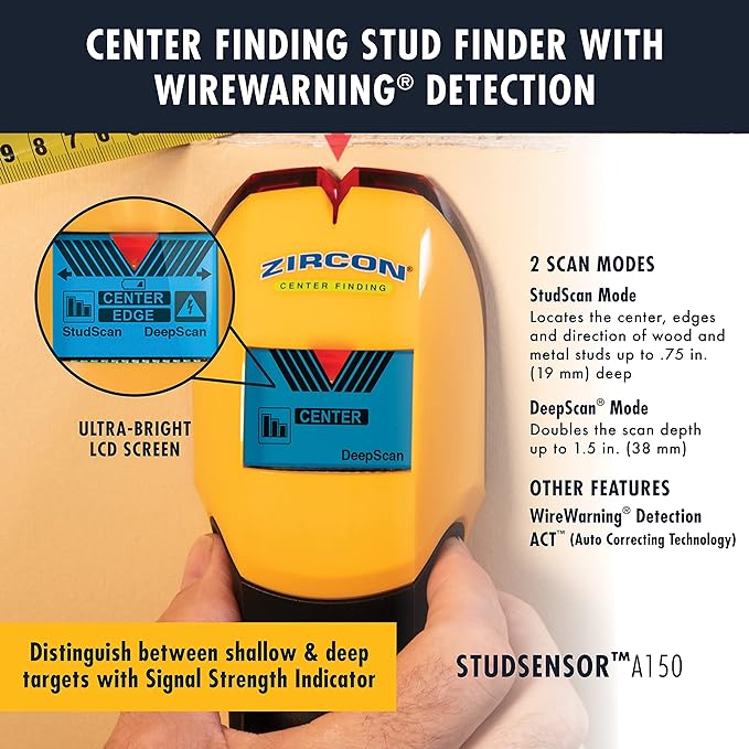 Zircon StudSensor A150 Wall Scanner and Center/Edge Locating Stud Finder with WireWarning Detection and Signal Strength Indicator, Center Finding