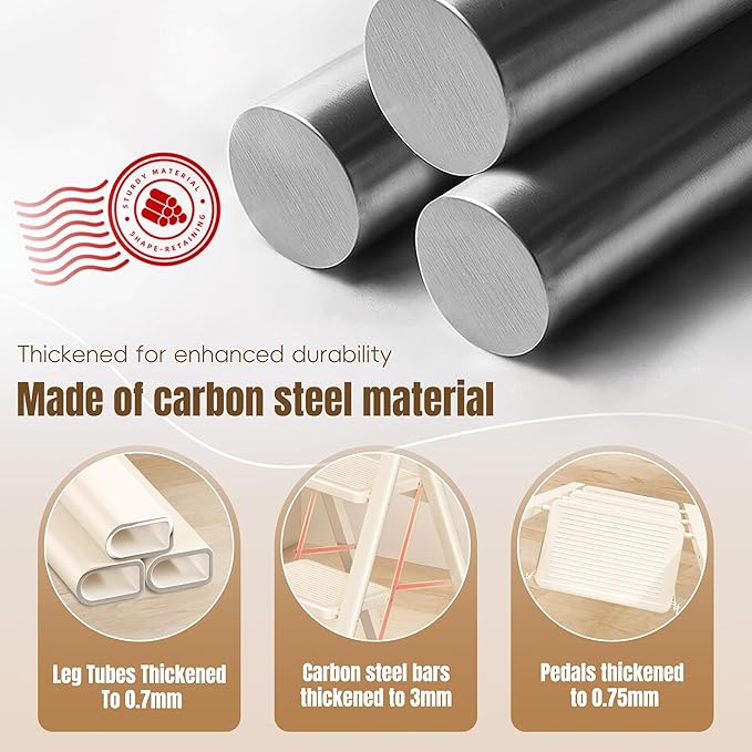 GameGem 4 Step Ladder Folding Step Stool, Foldable Ladder with Ergonomic Heightened Top Grip, Tall Step Ladder with Widened Anti-Slip Pedal for Closet, 330Lbs Load, Fold Thin and Tight, Cream White