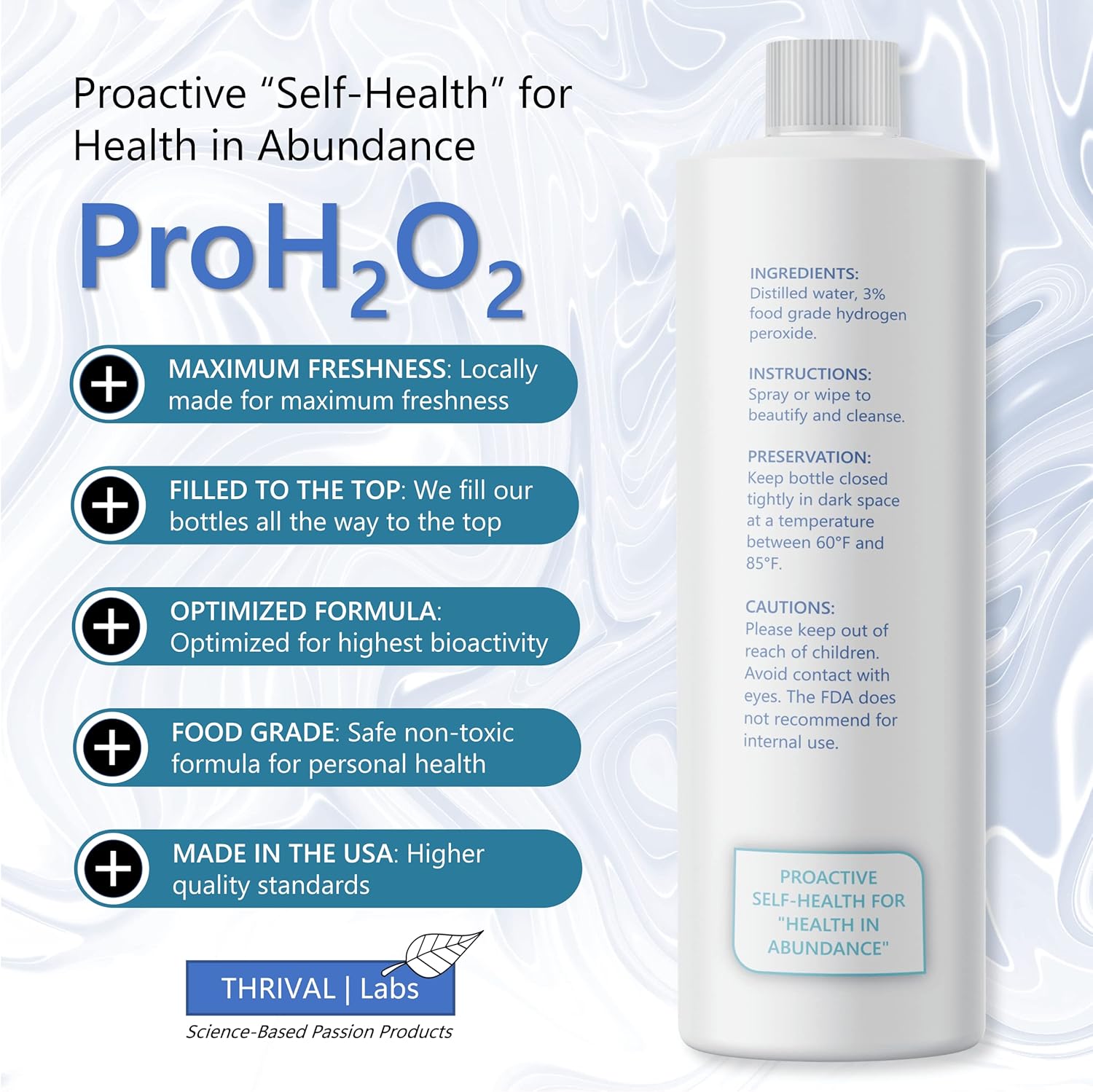 ProH2O2 3% Food Grade Hydrogen Peroxide – Natural Cleaner & Disinfectant – Suitable for Household Use – Ideal for Cleaning, Sanitizing & Gargle – 32 fl oz (Refill)