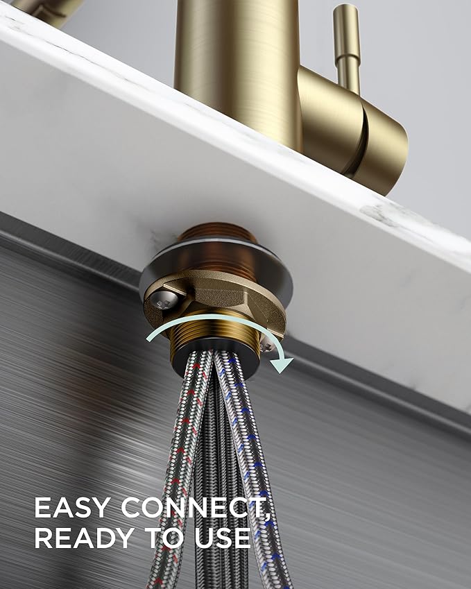 FORIOUS Kitchen Faucet with Soap Dispenser, Gold Stainless Steel Spring Sink Faucet with Pull Down Sprayer Transitional Single Handle for Pot Filler, Farmhouse Camper Bar Laundry Room