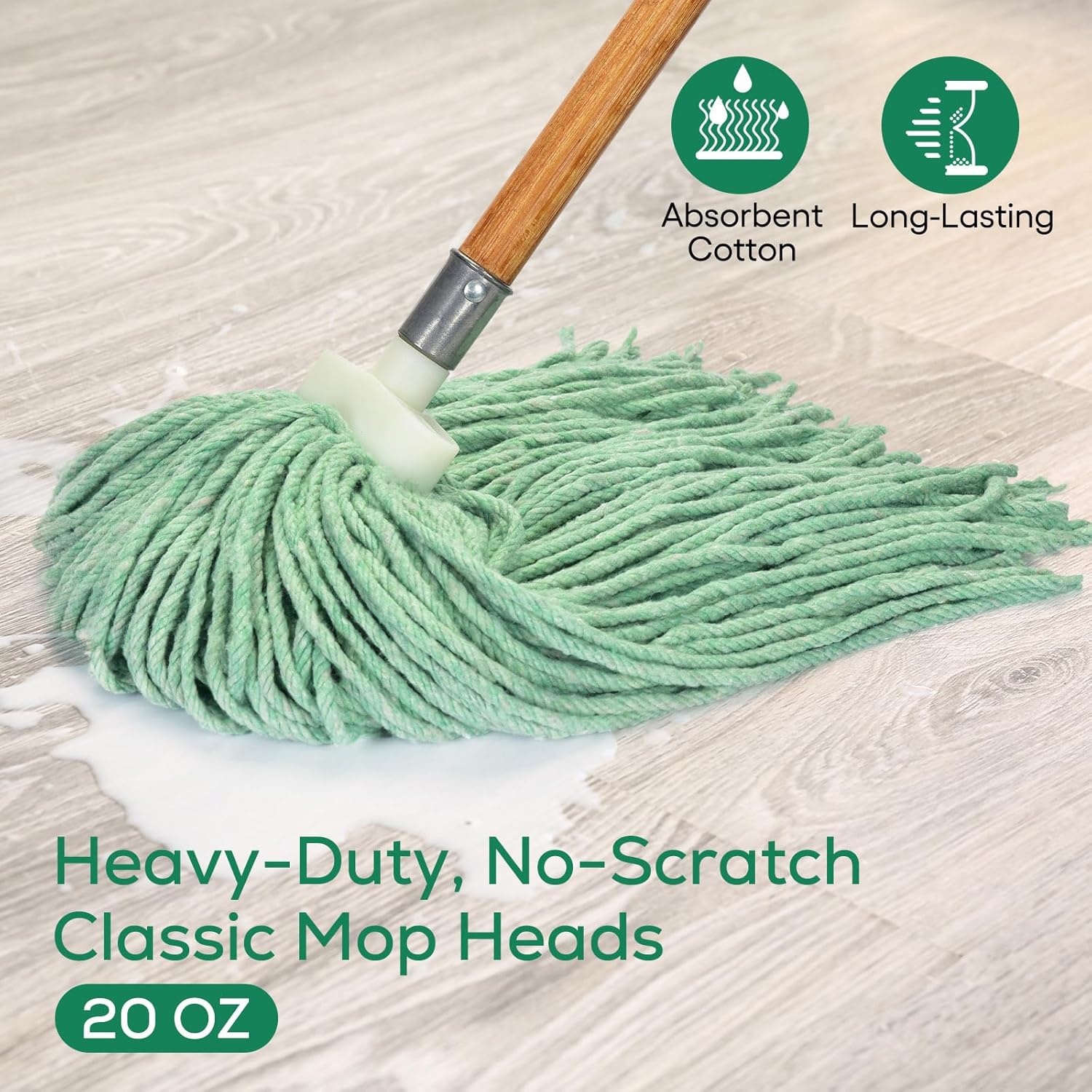 Matthew Cleaning Screw-on Heavy Duty Cotton Wet Mop Replacement Heads(Green, Medium,12 Pack) with 2 Pack Microfiber Cloth for Residential & Commercial Floor Cleaning Use- Fit Standard American Screw