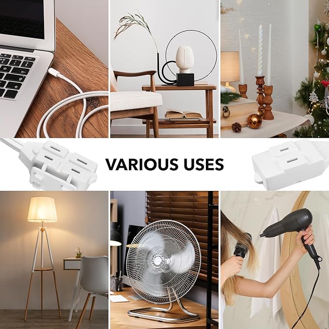 HBN Indoor Extension Cord, 6ft 3 Pack, White, 3 Outlets with Safety Cap Included, 2 Prong Polarized Plug, Perfect for Homes, Offices, and Kitchens