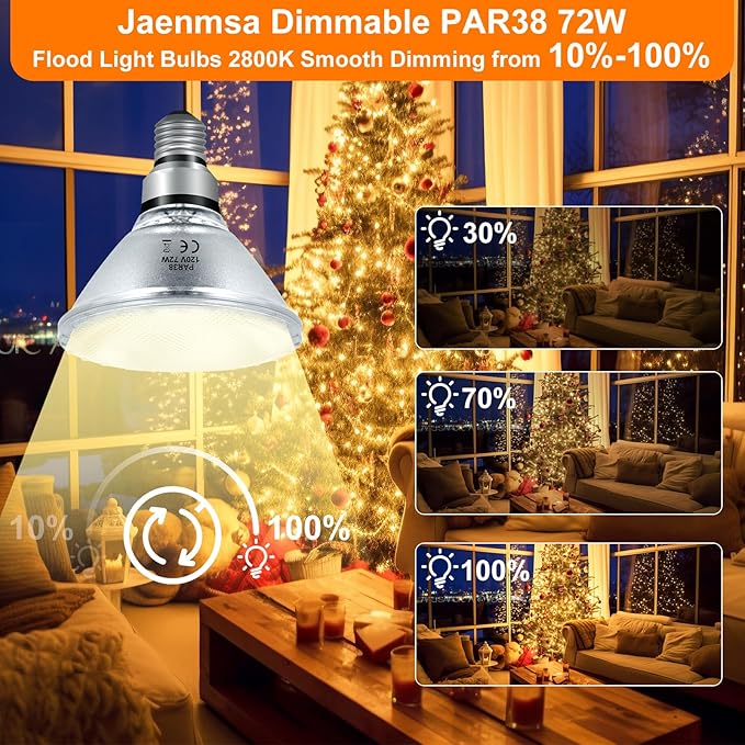 Halogen PAR38 Flood Light Bulbs 72W 120V, Dimmable Par38 Halogen Light E26 Base Bulbs Warm White 2800K 3420 Lumens for Indoor and Outdoor Floodlight, Reptile Heat Bulbs, 2-Pack