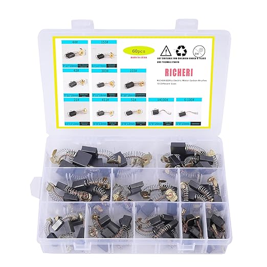 60 Pcs Electric Motor Carbon Brushes 10 Different Sizes for Replacement Repair Power Tool Part