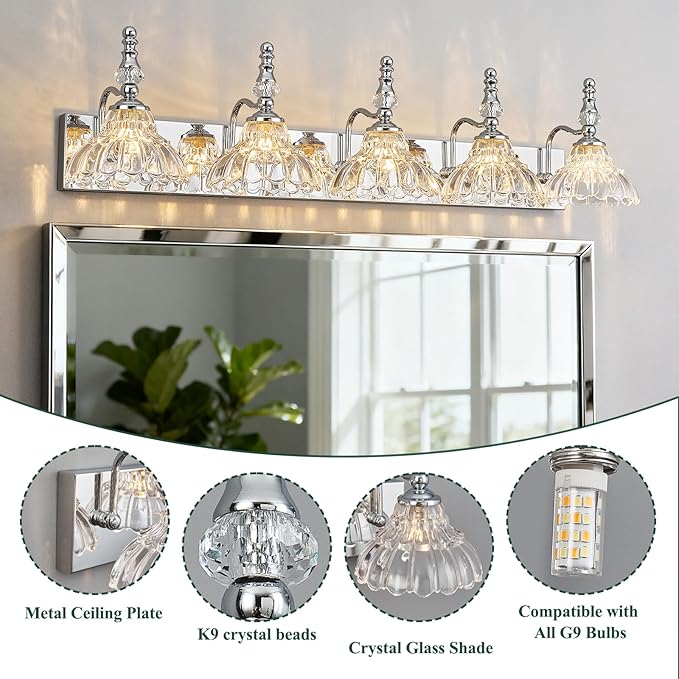 Vintage Bathroom Vanity Light, 5-Light Chrome Vanity Lighting Fixture with Flower Glass Shade, Bathroom Lighting Fixtures Over Mirror