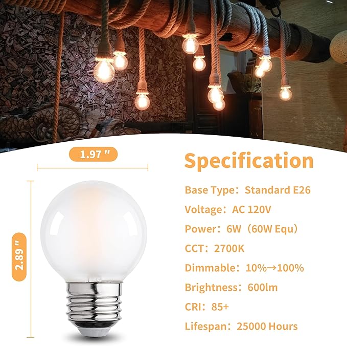 Frosted G16.5 Led Bulb, Matt Vanity Globe Light Bulbs, E26 Dimmable Globe Small Round Edison Light Bulbs, 6w 2700k Vintage LED Filament Edison Bulb