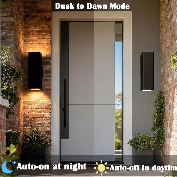 Motion Sensor Outdoor Wall Lights, Dusk to Dawn Exterior Wall Mount Light Fixtures with 3 Modes, Waterproof Up Down Porch Lights for House, Garage, Patio, Entryway, Matte Black