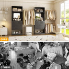 Unikito Closet Systems, 6-14FT Walk in Closet Organizer with 8 Drawers and Mirror, 168" Large Wood Closets Insert with Tower, Sturdy Wardrobe Closets Garment Rack with Extendable Hanging Rods, Black