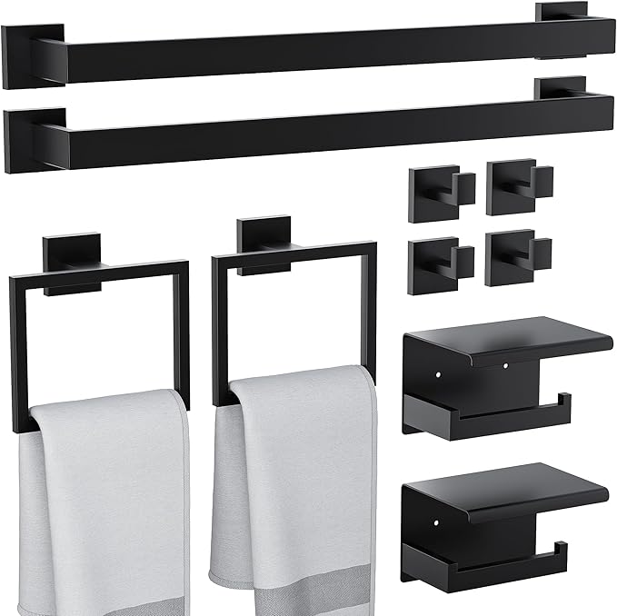 10-Pieces Bathroom Hardware Set, SUS304 Stainless Steel Wall Mounted 16 Inch Towel Bar, Toilet Paper Holder, Towel Hooks, Bathroom Towel Bar Set (Matte Black (Type 2), 10 Piece-16 inch)